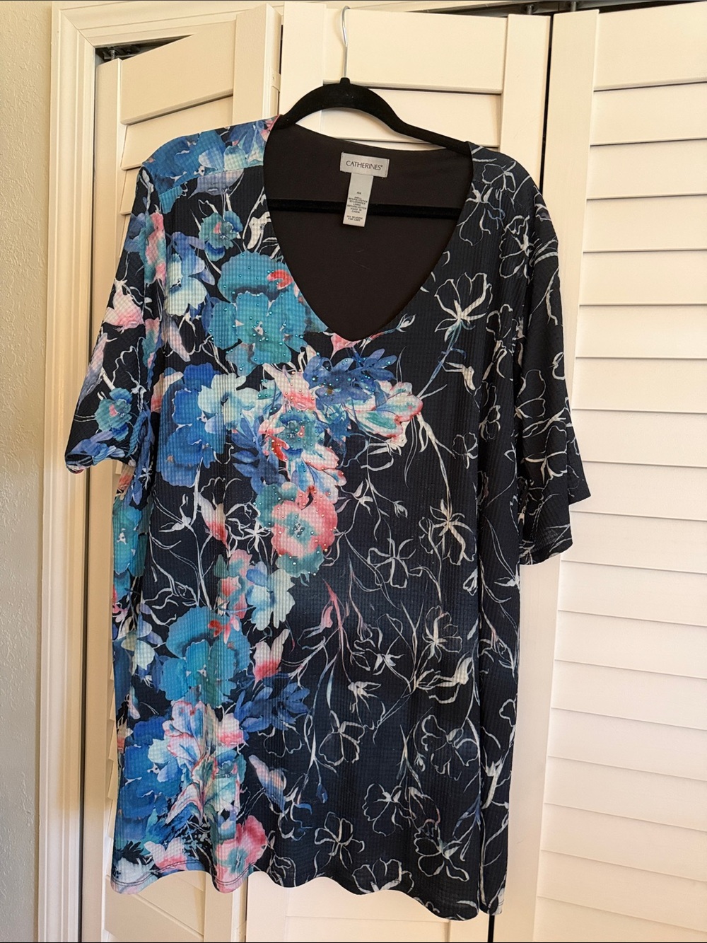 Catherines Navy Floral V-Neck Tunic with Blue & Pink Accents